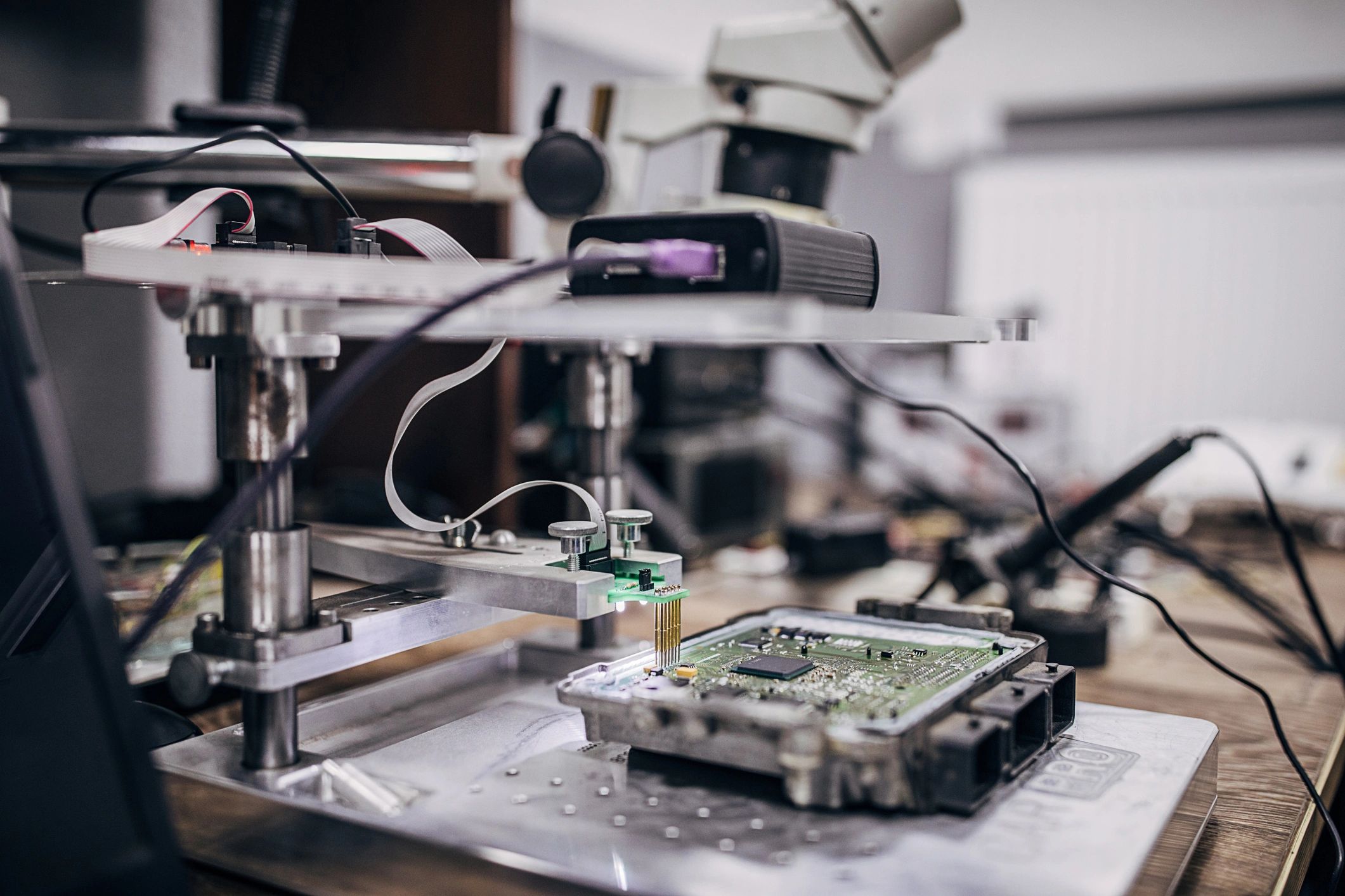 Close-up of vehicle electronics used in diagnostics