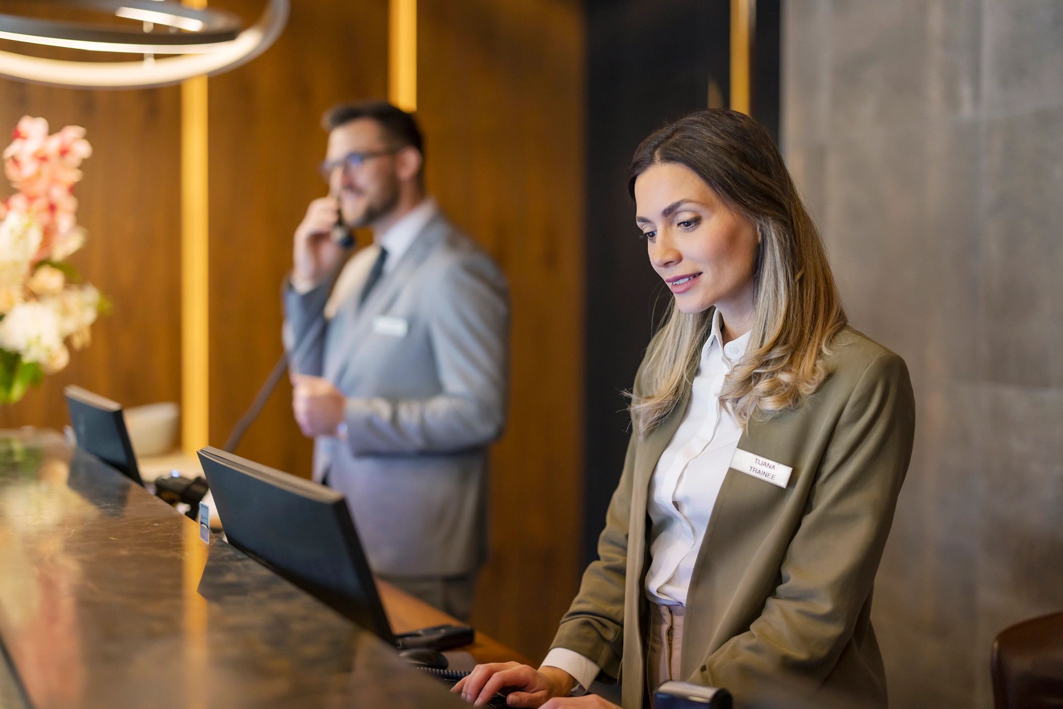 Receptionist at a service counter